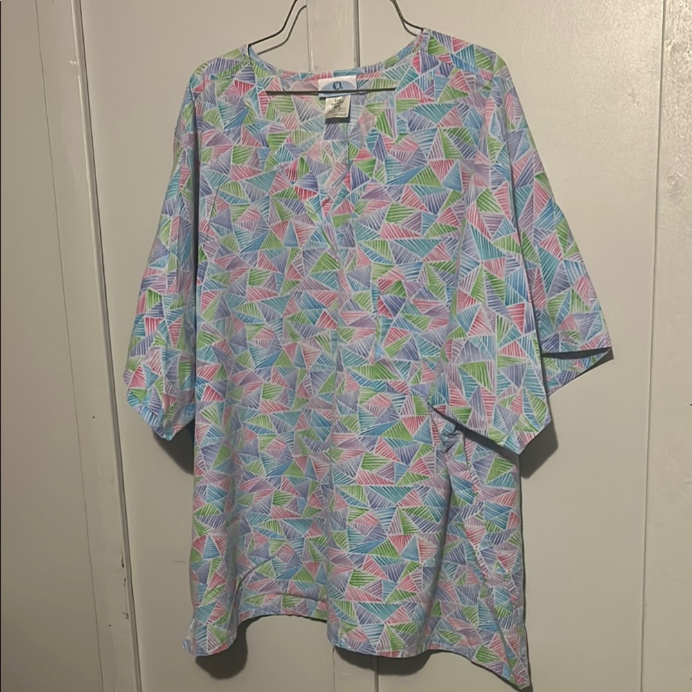 3x Colorful Geometric Patterned nursing scrub top.